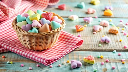 A delightful basket of pastel heart-shaped sweets rests on a red and white checkered cloth, surrounded by more colorful treats on a rustic wooden surface.