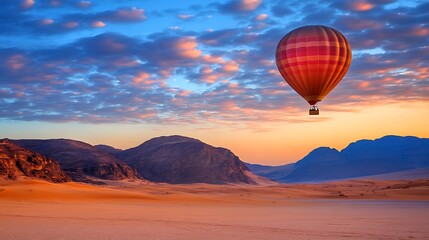 Fototapeta premium Hot air balloon flying over the wadi rum desert at sunset in jordan