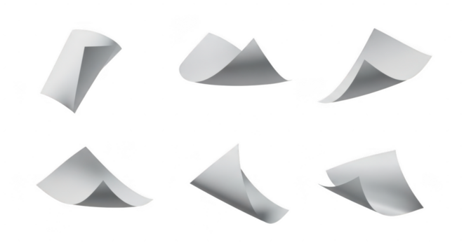 Six crumpled white paper sheets isolated on transparent background with shadow effect