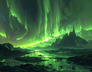 Glowing green aurora borealis illuminates a mountainous, mystical landscape