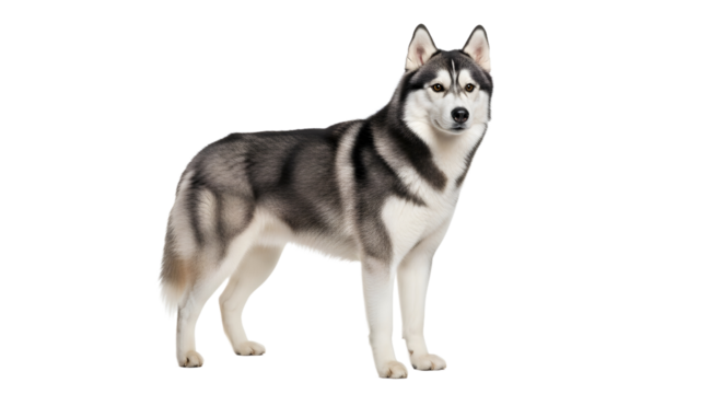 Beautiful Siberian Husky standing alertly on a clean white background showcasing its striking markings