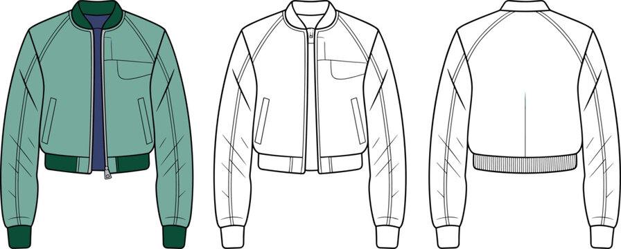 Stylish bomber jacket fashion CAD drawing, technical flat vector illustration showing front and back design details for apparel designers, template reference