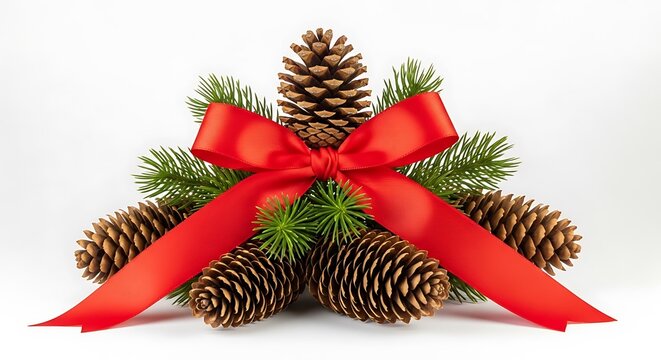 A festive arrangement of pine cones and evergreen branches tied with a bright red ribbon.