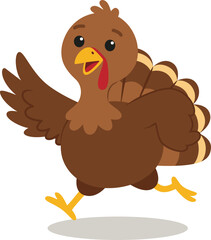 cute turkey cartoon character with walking pose and waving hand