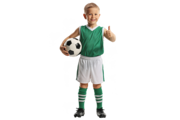 Young boy in soccer uniform holding a ball, isolated on transparent background