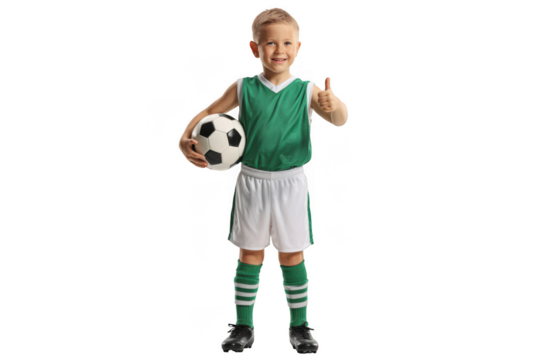Young boy in soccer uniform holding a ball, isolated on transparent background