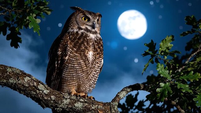 Great Horned Owl Perched on a Branch Under a Full Moon.