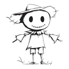 Scary halloween scarecrow silhouette vector for decoration editable vector Line art illustration of a scarecrow with a menacing carved pumpkin face, wearing patched clothing and a hat. 