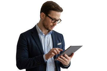 Man in suit using tablet isolated on transparent background