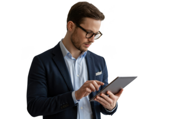 Man in suit using tablet isolated on transparent background