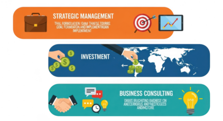 Colorful business concept banners for strategic management, investment, and consulting services isolated on transparent background