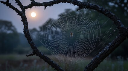 Enchanting Moonlit Night Amidst the Wilderness with Dewdrops Adorning a Spider's Web Illuminated by Soft Moonlight and Silhouetted Branches Creating a Mystical Ambiance