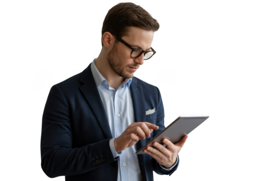 Man in suit using tablet isolated on transparent background