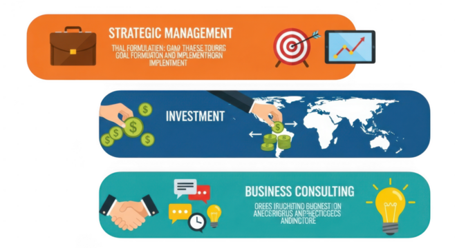 Colorful business concept banners for strategic management, investment, and consulting services isolated on transparent background