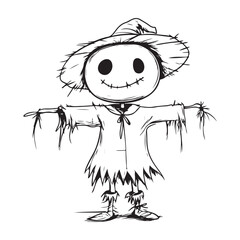 Scary halloween scarecrow silhouette vector for decoration editable vector Line art illustration of a scarecrow with a menacing carved pumpkin face, wearing patched clothing and a hat. 