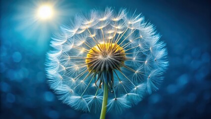 Obraz premium A radiant dandelion seed head basks in the soft glow of sunlight against a deep blue backdrop, its delicate plumes illuminated, creating a serene and ethereal image of nature's beauty.