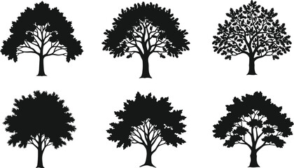 Obraz premium Tree silhouette vector illustration, diverse forest design with curved branches and dense foliage, abstract botanical art, decorative nature elements, creative woodland inspiration concept