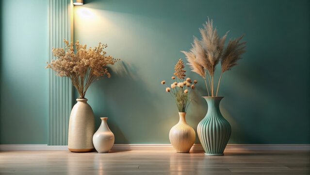 Serene Home Decor Dried Flowers in Elegant Vases Against a Teal Wall