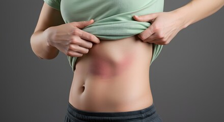 Woman showing bruised abdomen medical condition injury pain healthcare.