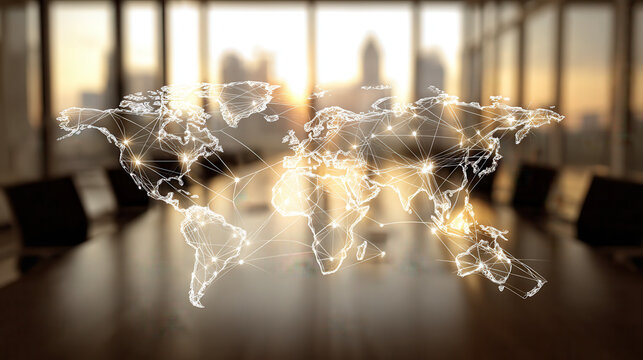 Global business meeting room with world map overlay