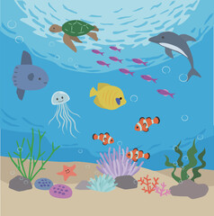 海の中で泳ぐ魚やカメ、イルカのイラスト