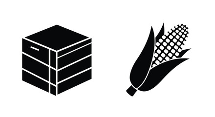 Simple black and white graphic of books and a corn cob