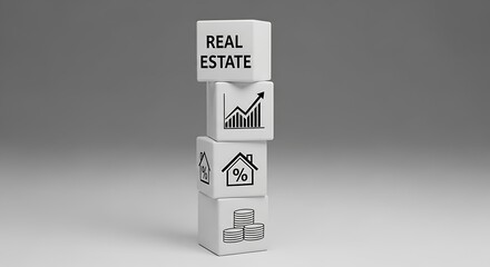 Stack of white cubes with real estate icons and text for investment and property image photo