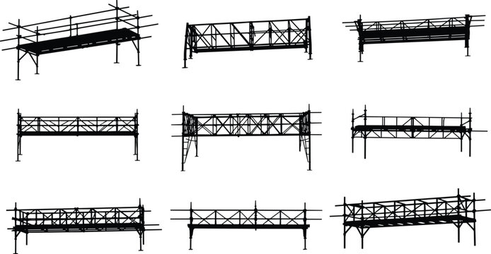  Scaffolding and truss silhouette set, structural support icons, black vector illustration, construction framework graphics, engineering stability visuals, architectural load-bearing symbols
