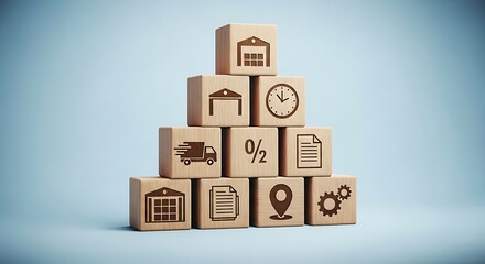 Stack of wooden cubes with logistics and business icons representing warehouse delivery time percentage and location