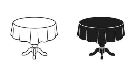 Simple illustration of two round tables with draped tablecloths in black and white