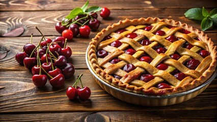 A delectable homemade cherry pie, baked to golden perfection, sits on a rustic wooden table, surrounded by fresh, ripe cherries, ready to be enjoyed.