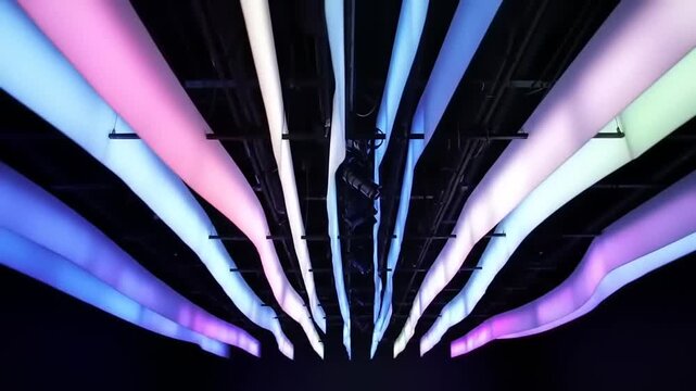 Abstract colorful fabric ribbons hanging from ceiling with overhead lighting