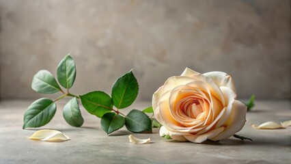 A single, delicately pale rose rests on a neutral surface, its petals unfurling gracefully, accompanied by lush green foliage and fallen petals, creating a serene and elegant still life.