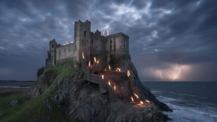 A Dramatic Gothic Castle Stands Forebodingly on a Rocky Outcrop Overlooking the Turbulent Ocean Under a Stormy Sky Illuminated by Flashes of Lightning