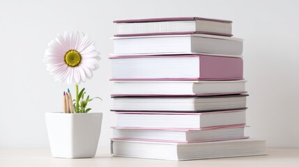 Reading and inspiration stacked books with flower home office still life cozy environment close-up educational concepts
