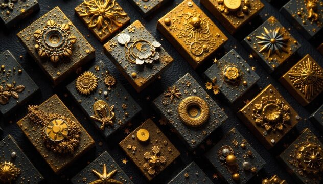 Geometric metallic makeup patterns A composition of sharp, precise geometric patterns rendered in a range of shimmering metallic colors like gold, silver, and bronze. The application should be