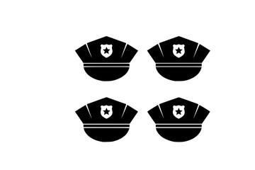 Four black police hats with star badges arranged in a square format on a white background display design