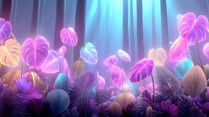 Vibrant bioluminescent flora enchanted forest digital artwork ethereal light bird's eye view nature's wonders