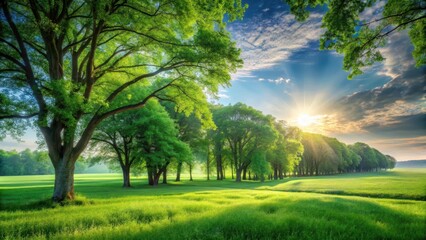 Fototapeta premium Serene Sunrise Illuminates a Lush Green Meadow with Majestic Trees