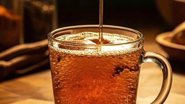 Pouring Golden Liquid into Sparkling Amber Beverage in Glass Mug on Wooden Table with Diffused Lighting Composing Culinary Drink Preparation and Refreshment Still Life Video
