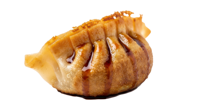 Crispy golden fried dumpling Gyoza appetizer drizzled with savory soy sauce for restaurant menus. isolated PNG with Transparent Background