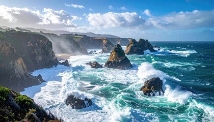 Rugged Coastal Cliffs With Crashing Waves And Sunlight Beams In Tasmania Australia