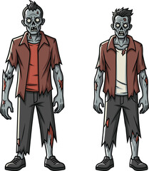 PrintCartoon zombies with torn clothes, creepy undead characters for Halloween design, horror game asset, spooky monster illustration, scary artwork
