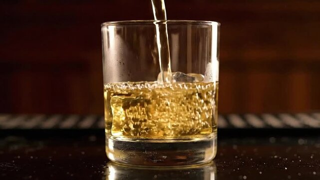 Pouring Golden Liquor into a Glass with Ice Cubes on a Reflective Surface against a Soft Focus Brown Backdrop Serving Drink Beverage Alcohol Whiskey Bourbon Scotch or Cocktail 180 Characters