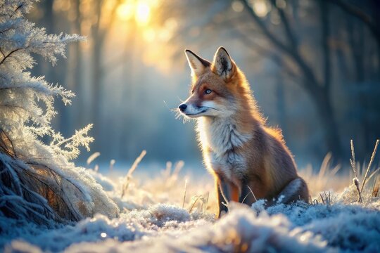 Majestic red fox illuminated by the winter sunrise, sitting amidst frost-covered vegetation in a serene woodland setting