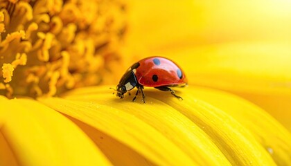 Fototapeta premium Macro Photography of a Ladybug on a Bright Yellow Flower Petal Bathed in Warm Sunlight
