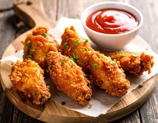 Golden fried poultry wings on a wooden board with a side of red sauce