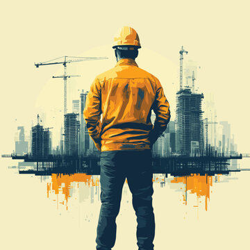 rear view of professional engineer manager standing concentrate focus multi exposure with building construction industry background construstion engineer concept
