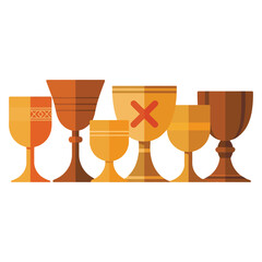 Stylized Goblets and Chalices Collection in Vector Format Featuring Prohibited Symbol on One Cup Ideal for Religious or Mystery Themes