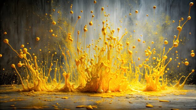 Dynamic Yellow Liquid Explosion A Stunning Visual of Vibrant Splashes and Airborne Droplets on a Dark Surface